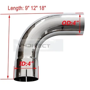 4inch 4" ID/OD x 9" 12" 18" inch Arms Chrome 90 Degree Elbow Exhaust Pipe Tube - Picture 1 of 9