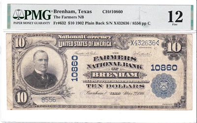 $10 1902PB 🇺🇸 BRENHAM Texas TX 🇺🇸 PMG 12 Grade 🇺🇸 - Image 1 of 2