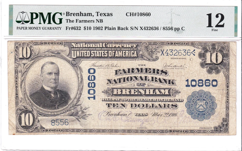 $10 1902PB 🇺🇸 BRENHAM Texas TX 🇺🇸 PMG 12 Grade 🇺🇸 - Image 1 of 2