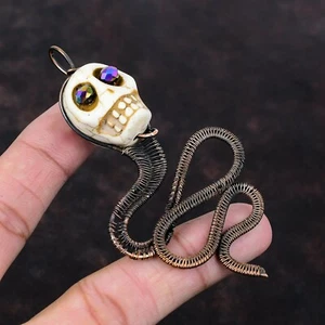 Natural Howlite Titanium Beads Wire Wrapped Skull Bone Pendant Jewelry Copper - Picture 1 of 6