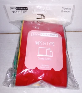 Tech Essentials Screen Cleaning Cloth Wipes - 3 Packs of 15 (45 Total Wipes) New - Afbeelding 1 van 5