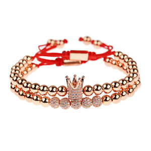 2Pcs/set Luxury Zircon Ball Crown Copper Beads Braided Macrame Couple Bracelets