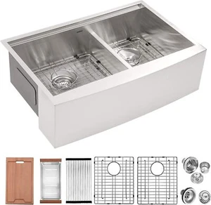 Lordear 33 Inch 60/40 33x22x10 Stainless Steel Farmhouse Kitchen Undermount Sink - Picture 1 of 7