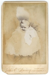 CIRCA 1880'S CABINET CARD Adorable Baby White Dress Lecocq Port Chester, NY