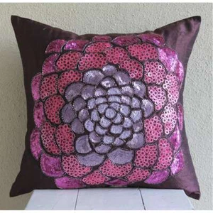 Decorative Sofa Pillow Case Purple 16"x16", Home Decor Silk - Pink Wildflower - Picture 1 of 3