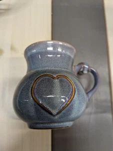 Roscher Stoneware Potbelly Coffee Mug Knot Handle Blue Heart Speckled Glaze Wash - Picture 1 of 4