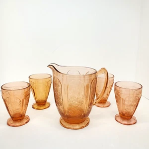 Vintage Cherry Blossom Pink Depression Pitcher With 4 Glasses Tumblers Set - Picture 1 of 19