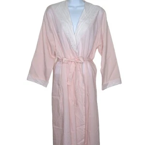 Vintage Full Length Pink Swiss Polka Dot Robe Collar Lace Trim Belt Cotton Large - Picture 1 of 12