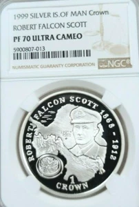 1999 ISLE OF MAN SILVER CROWN ROBERT FALCON SCOTT NGC PF 70 ULTRA CAMEO POP 1 - Picture 1 of 4