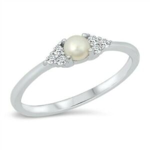Ring Genuine Solid Sterling Silver 925 Pearl Clear CZ Face Height 4 mm Size 9