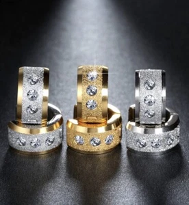 Stainless Steel Surgical Wide Men's Women's 3-Stone CZ Huggie Hoop Earrings - Picture 1 of 6