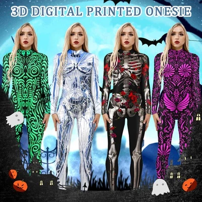 Halloween Cosplay Costume Women Adult Skeleton Zomie Jumpsuit Fancy Dress Outfit - Image 1 of 4
