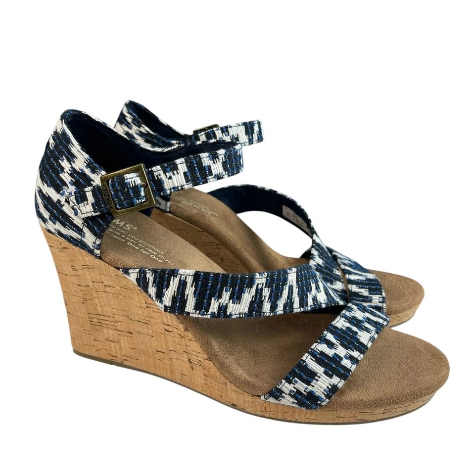 Sandalias de cuña TOMS para mujer talla 8,5 azul blanco correa al tobillo tacón de corcho punta abierta Foto 1 de 4