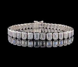 Bezel Lab Created Diamond 10Ct Emerald Cut Tennis Bracelet 14K White Gold Plated - Picture 1 of 3