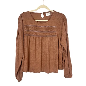 Wrap London Blouse Womens 14 brown Pleated Lace Long Sleeve Linen Peasant Top L - Picture 1 of 15