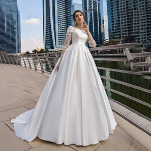 Elegant Satin A-Line Wedding Dresses O-Neck Long Sleeves Lace Flower Bridal Gown - Picture 1 of 8