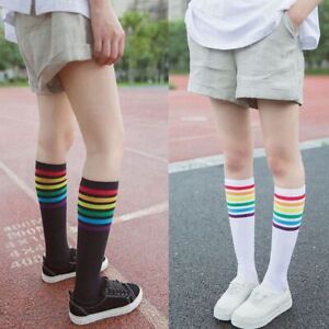 Soft Knee Over Thigh High Long Hosiery Football Socks Stocking Rainbow Stripe