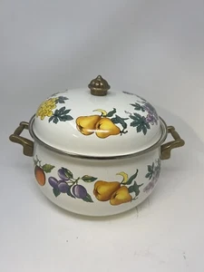 Tabletops Unlimited Essence Enamel Fruit Pattern Pot w/Lid Brass Handle Vintage - Picture 1 of 9