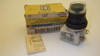 SQUARE D 9001-SKI-L1G PUSHBUTTON SWITCH 30MM GREEN ILL. FULL GUARD 120/110V NIB - Image 1 of 4