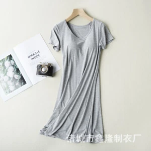 Summer Women's Thin Modal With Chest Pad Short Sleeve Nightdress Homewear - Picture 1 of 28