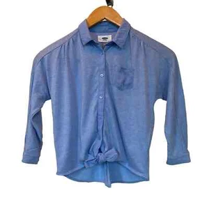 Girls 5 XS Old Navy Blue Long Sleeve Button Down Tie Front Hi Low Cotton Shirt - Picture 1 of 1