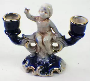 Vintage Cobalt & Gold Porcelain Cherub Angel Double Candle Holder from Italy - Picture 1 of 8