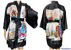 Japanese OSFA Black White Floral Geisha Cherry Blossom Pagoda Kimono Robe & Belt