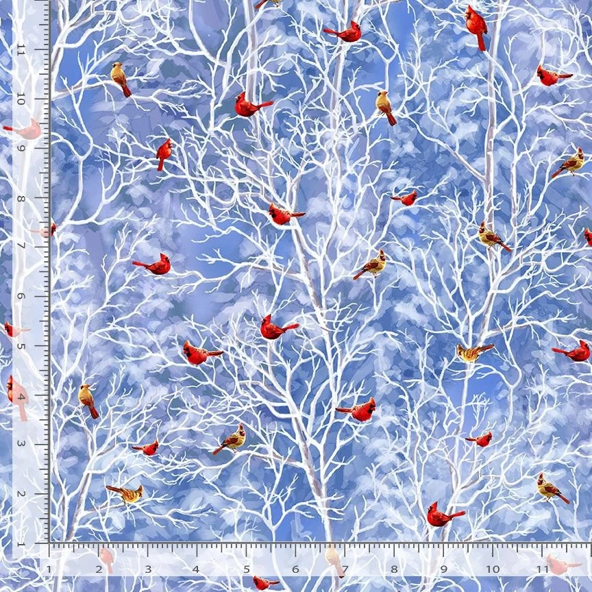 Christmas Eve Fabric | Cardinal Snowy Tree Blue | Timeless Treasures YARD