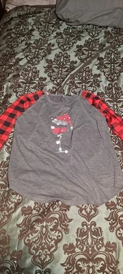 CHRISTMAS Long Sleeve T-Shirt Wine Glass w/ Santa Hat Gray & Buffalo Plaid XL  - Image 1 of 4