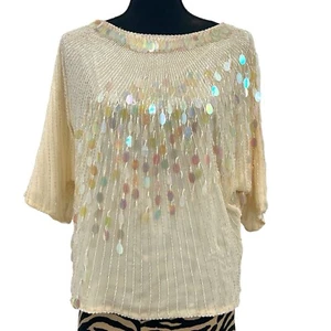 Vintage Oleg Cassini 100% Silk Beaded Paillette 80s Sequin Formal Wedding 2x - Picture 1 of 7