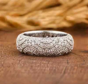 3 Ct Round Cut Real Moissanite Cluster Wedding Band Ring In 925 Sterling Silver - Picture 1 of 6