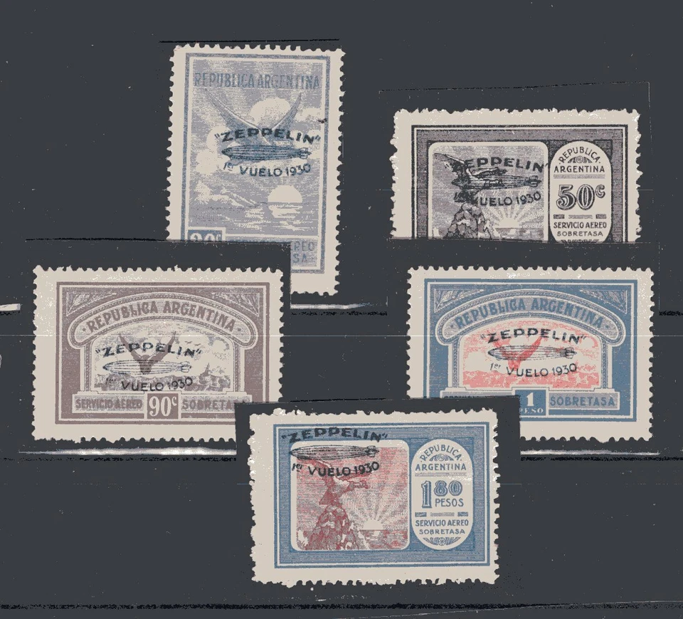 ARGENTINA - ZEPPELIN VERDE CAT GJ # 665/669a,COMP. SET, (CAT VALUE MINT + 40%)VF - Image 1 of 1