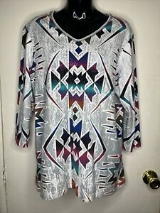 Women’s Plus Size Shirt 1X Cactus Bay 3/4 Sleeve Aztec Design 100% Cotton