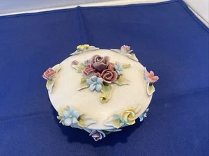 VTG capodimonte COVERED DISH trinket dish White porcelain flowers 5” Across - Picture 1 of 6