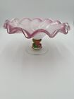 Vintage Murano Pink Glass Bowl w/ Wavy Edges and Multicolored Stem