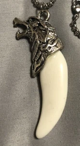 Cool White Wolf Tooth Pattern Gothic Necklace Pendant with 24in. Box Chain - Picture 1 of 7