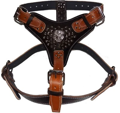 M&D LEATHER Two Tone Extra Large Heavy Duty Leather Dog Harness with American Bulldog Head