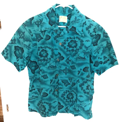 Vtg 1950 1960 Ui-Maikai Men's L-XL Hawaiian Cities Shirt 100% Cotton Aqua  Blue - Image 1 of 4