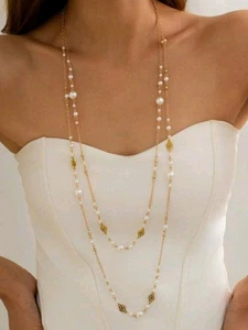 Collar largo de cadena de perlas sintéticas de moda con flores francesas - Imagen 1 de 4