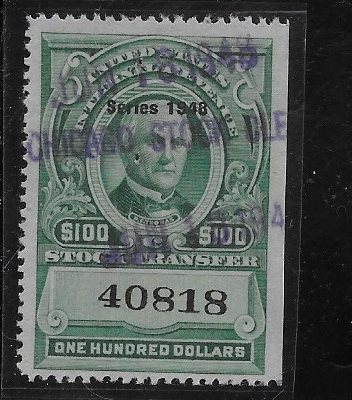 US Scott RD281, Revenue, Stock Transfer, $100.00, Series of 1948, Used, NG, VG/F - Image 1 of 1