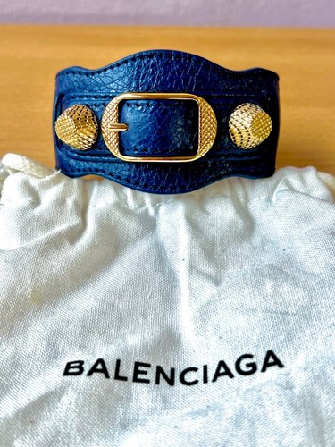 BRACCIALE BALENCIAGA ARENA PELLE BLU NAVY FERRAMENTA ORO INDOSSATO INCONTAMINATO