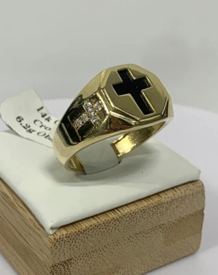 Sello religioso cruz negra oro amarillo macizo 14K oro real para hombre circonita cúbica 14k Foto 1 de 3