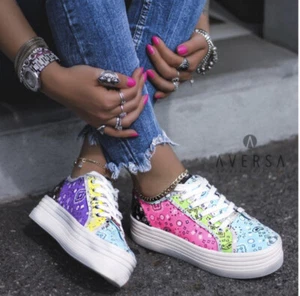 Steve Madden Bobbi 30 Multi Women's Platform Wedge Sneakers Bandanna Rainbow 10 - Picture 1 of 8