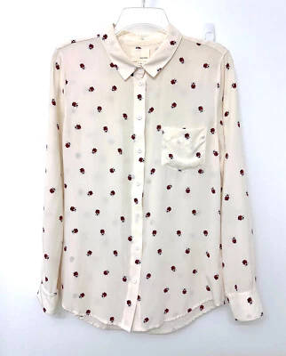 Band of Outsiders Ladybug Insect Silk Top Blouse White Peace Sign Lady Bug M 2 - Image 1 of 4