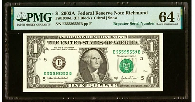 2003 $1 FRN Fancy Repeater Serial Number 55595559 PMG GEM 64 EPQ - Image 1 of 2