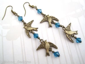 LONG DROP BIRD CHAIN TEAL BEAD Antique Gold Earrings VINTAGE STYLE bronze GIFT - Picture 1 of 1