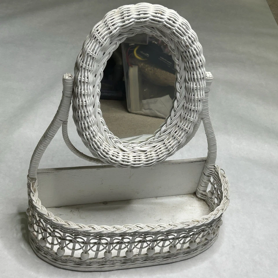 Vintage White Wicker Mirror Vanity Table Top Swivel w Basket Cottage Core - Image 1 of 4
