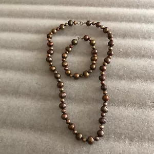 925 Silver Hand Knotted Chocolate Bronze Freshwater Pearls Necklace & Bracelet - Picture 1 of 3