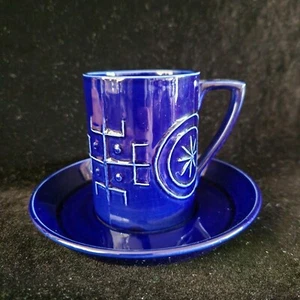 Vintage Portmeirion Cobalt Blue Coffee Cup & Saucer "Totem" - Picture 1 of 5