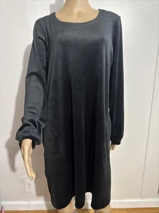 J JILL VELVET LARGE BLACK DRESS LONG SLEEVE POCKETS SIDE SHIFT DRES Women's NEW - Picture 1 of 12